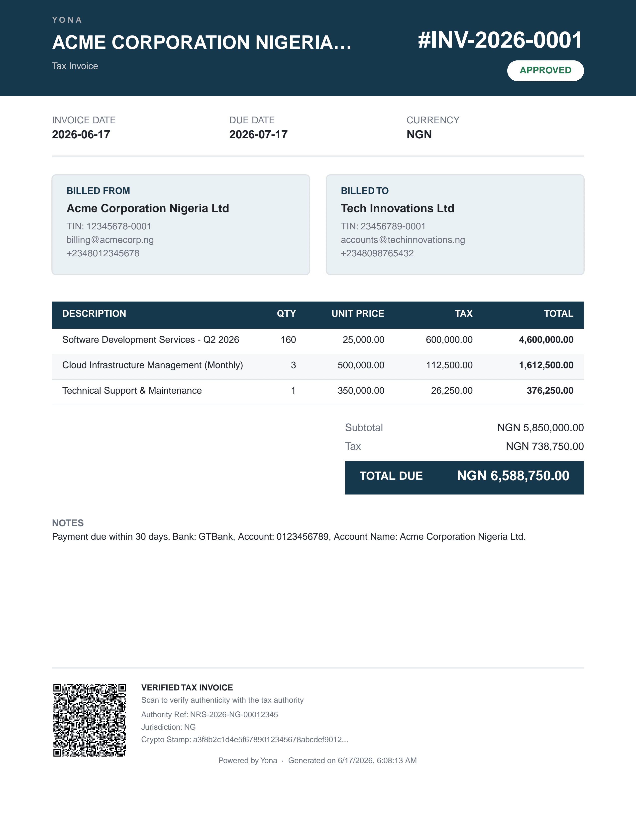 Sample FIRS-compliant Tax Invoice