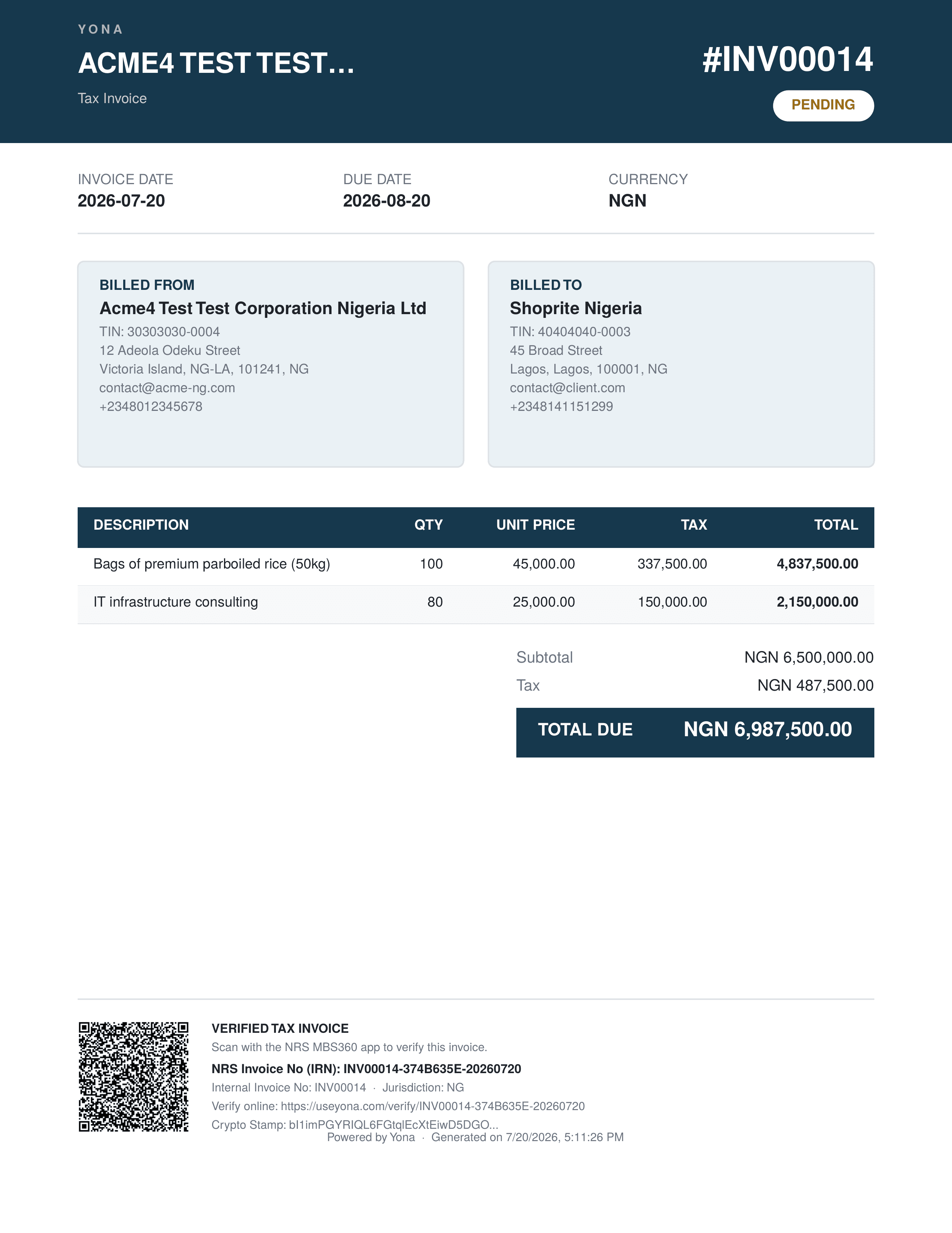 Sample FIRS-compliant Tax Invoice